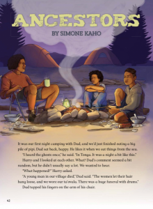 Two children with their father by a campfire.