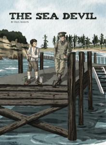 Boy fishing on a wharf with a soldier.