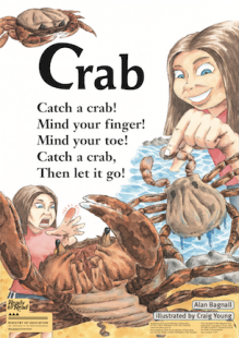 Child being bitten by a crab.